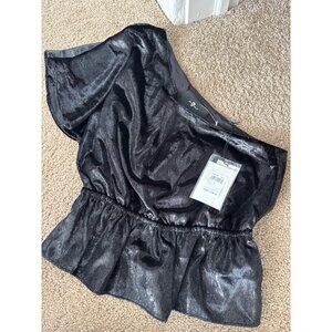7 For All Mankind Black One-Shoulder Top, Elastic Waist & Peplum Hem, NWT, S